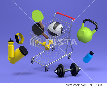 Sport equipment for fitness, gym, crossfit in shopping cart on violet 93833489