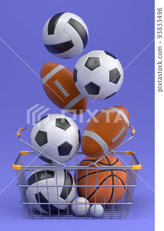 Set of ball like basketball, football and golf in shopping basket on violet Set of ball like basketball, football and golf in shopping basket on violet 93833496
