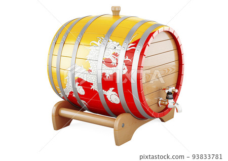 Wooden barrel with Bhutanese flag, 3D rendering Wooden barrel with Bhutanese flag, 3D rendering 93833781