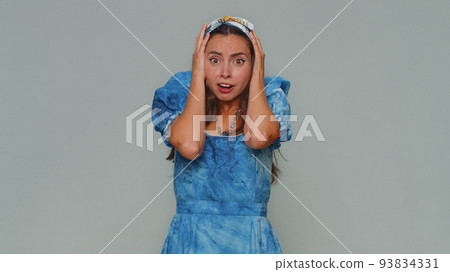 Depressed woman terrified of danger problems, suffering phobia, anxiety disorder, fear, stress panic 93834331