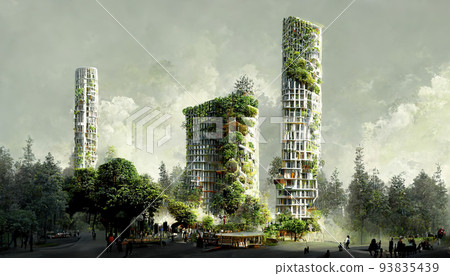 Spectacular digital art 3D illustration eco futuristic city abundant in trees. Spectacular digital art 3D illustration eco futuristic city abundant in trees. 93835439