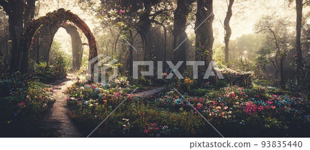 Spectacular archway in fantasy forest. Digital art 3D illustration Spectacular archway in fantasy forest. Digital art 3D illustration 93835440