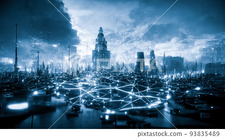 Spectacular network cables in futuristic city. Digital art 3D illustration. 93835489