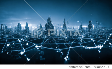 Spectacular network cables in futuristic city. Digital art 3D illustration. 93835504