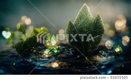 Spectacular fantasy green leave floating on water. Digital 3D illustration. Spectacular fantasy green leave floating on water. Digital 3D illustration. 93835505