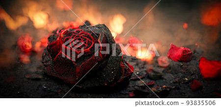 Heartbroken concept by half burnt rose and ashes. Digital art 3D illustration. Heartbroken concept by half burnt rose and ashes. Digital art 3D illustration. 93835506