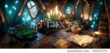 Spectacular interior of a fantasy medieval cottage. Digital art 3D illustration. 93835555