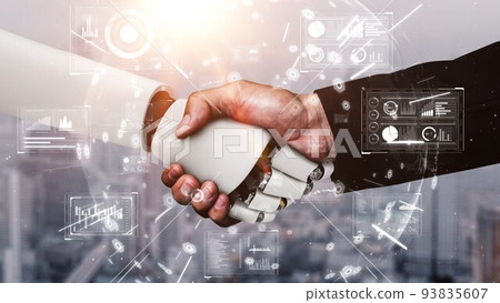 3D rendering hominoid robot handshake to collaborate future technology 93835607