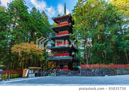 World Heritage "Shrines and Temples of Nikko" constituent assets Nikko Toshogu Shrine five-story pagoda in autumn colors 93835730
