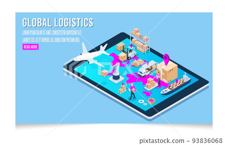 3D isometric concept of Global logistic network and Smart Logistics with Delivery, transport, export, import, cargo and more. 93836068