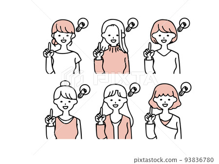 一組圖標,穿著各種休閒裝的女性想出主意 一組圖標,穿著各種休閒裝的女性想出主意 93836780