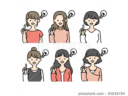 一組圖標,穿著各種休閒裝的女性想出主意 一組圖標,穿著各種休閒裝的女性想出主意 93836784