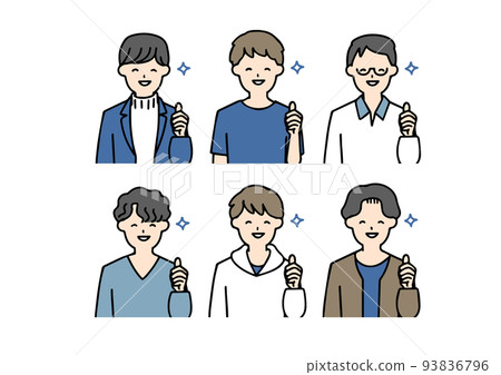 Icon set that men in various casual clothes are happy 93836796
