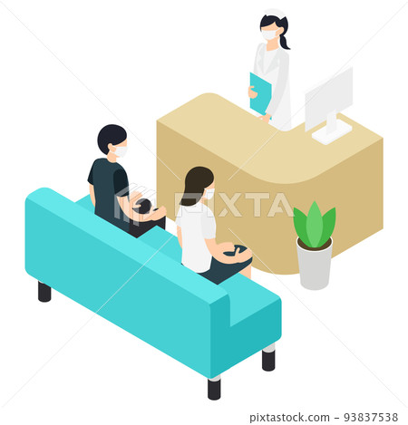 Hospital waiting room and nurses with masks Hospital waiting room and nurses with masks 93837538