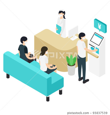 A man wearing a mask using a payment machine in a hospital waiting room A man wearing a mask using a payment machine in a hospital waiting room 93837539