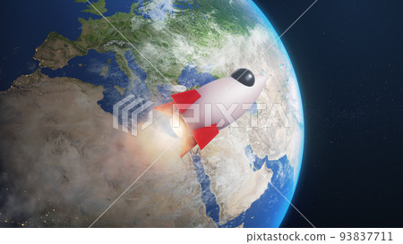 3D Render Rocket Jet Fly to Close Earth Planet On Galaxy Space 3D Illustration Background 93837711