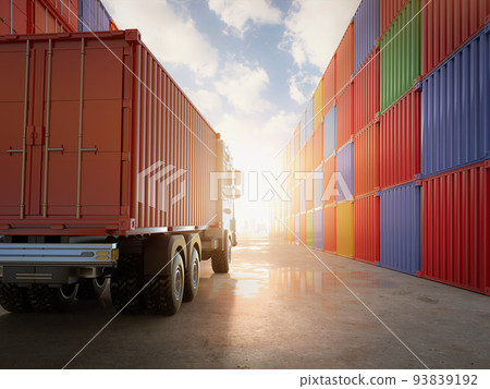 logistic red trailer truck or electric vehicle lorry at container terminal logistic red trailer truck or electric vehicle lorry at container terminal 93839192