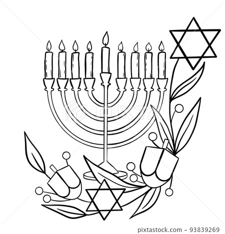 Hanukkah menorah composition illustration with candles, david star and floral elements. Religious holiday card concept judaism jew orthodox faith. Festive israeli hanukah holy objects design in simple Hanukkah menorah composition illustration with candles, david star and floral elements. Religious holiday card concept judaism jew orthodox faith. Festive israeli hanukah holy objects design in simple 93839269