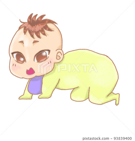 Baby in yellow clothes crawling 93839400