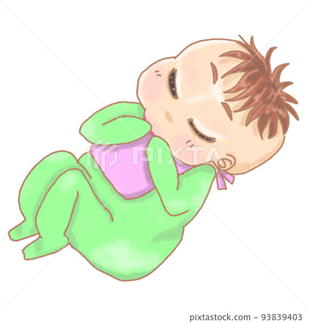 baby in green clothes sleeping curled up baby in green clothes sleeping curled up 93839403