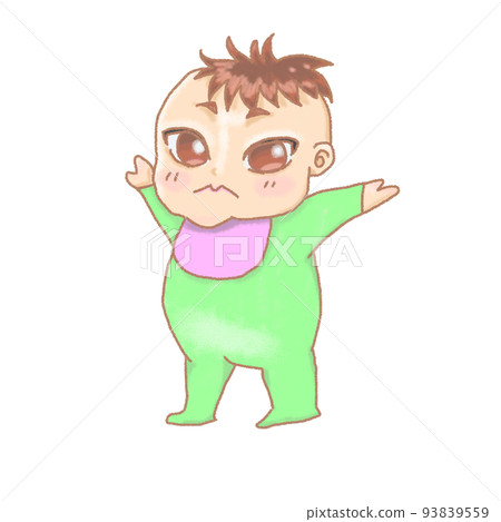 Baby boy wearing green clothes standing up 93839559