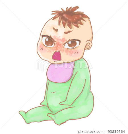 Baby boy in green clothes sitting and angry 93839564