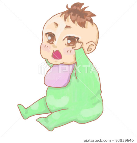Baby boy wearing green clothes sitting and calling 93839640