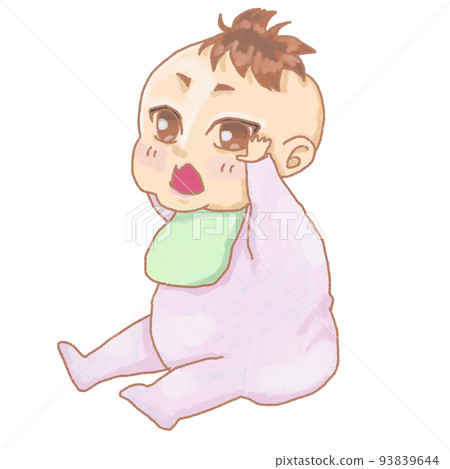 baby girl in pink clothes sitting and calling 93839644