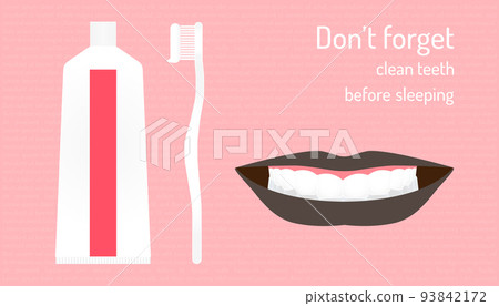do not forget clean teeth before sleeping tonight. big smile beautiful teeth and flesh breathing. good dental mouth show nice tooth. character background. vector illustration eps10 93842172