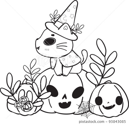 cute Halloween magic cat witch costume cartoon outline doodle vector for colouring book cute Halloween magic cat witch costume cartoon outline doodle vector for colouring book 93843085