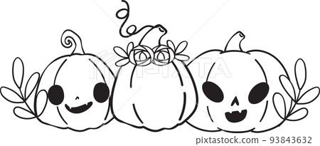 cute Halloween Jack o lantern pumpkin kawaii face set cartoon outline doodle vector for colouring book 93843632