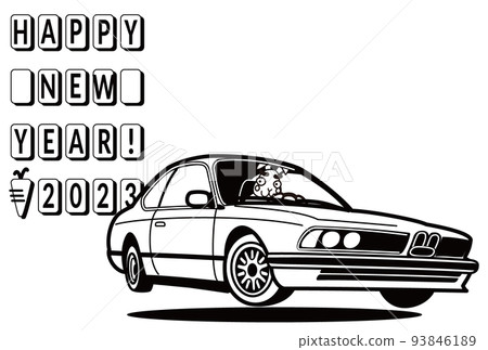 2023年新年賀卡單色模板兔子和復古德式汽車風格轎跑車 93846189