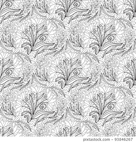 Floral seamless pattern in black and white line style with damask tile motif. Doodle flowers textile print. Vintage nature graphic.big flowers and leaves Floral seamless pattern in black and white line style with damask tile motif. Doodle flowers textile print. Vintage nature graphic.big flowers and leaves 93846267
