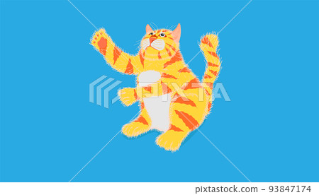 cat try to touch something over head and sitting on pastel blue color background. vector illustration eps10 cat try to touch something over head and sitting on pastel blue color background. vector illustration eps10 93847174