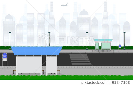 outdoor across road in the city bus stop station atm bin pole lamp sign horizontal vector illustration eps10 outdoor across road in the city bus stop station atm bin pole lamp sign horizontal vector illustration eps10 93847398