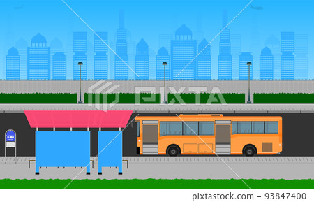 outdoor road in the city orange bus stop at station pole lamp sign horizontal vector illustration eps10 outdoor road in the city orange bus stop at station pole lamp sign horizontal vector illustration eps10 93847400