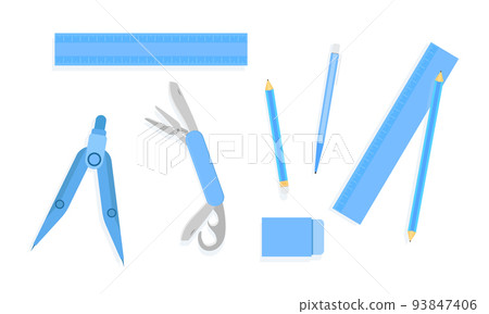 ruler pencil pen eraser compasses pocket knife basket blue tone vector illustration eps10 ruler pencil pen eraser compasses pocket knife basket blue tone vector illustration eps10 93847406