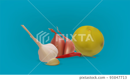 set of realistic flavoring vegetable of thai food with garlic pepper shallot lemon. vector illustration eps10 93847713