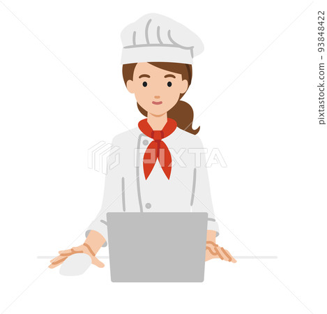 A cook woman sitting at a desk and using a PC - Stock Illustration ...