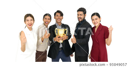 Team of successful young people standing together with trophy received from the work done proudly. Portrait on white background with studio light. 93849057