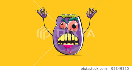vector funny cartoon spooky violet zombie potato character isolated on orange background. Zombie potato vector concept halloween background and label. Dead monster vegetable funky character vector funny cartoon spooky violet zombie potato character isolated on orange background. Zombie potato vector concept halloween background and label. Dead monster vegetable funky character 93849320