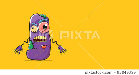 vector funny cartoon spooky violet zombie potato character isolated on orange background. Zombie potato vector concept halloween background and label. Dead monster vegetable funky character 93849359