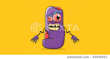 vector funny cartoon spooky violet zombie potato character isolated on orange background. Zombie potato vector concept halloween background and label. Dead monster vegetable funky character 93849361