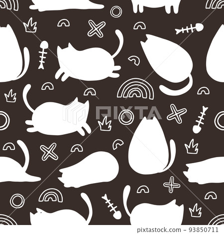 Cute Cartoon Cat Vector Icons, Seamless Pattern and Background 93850711