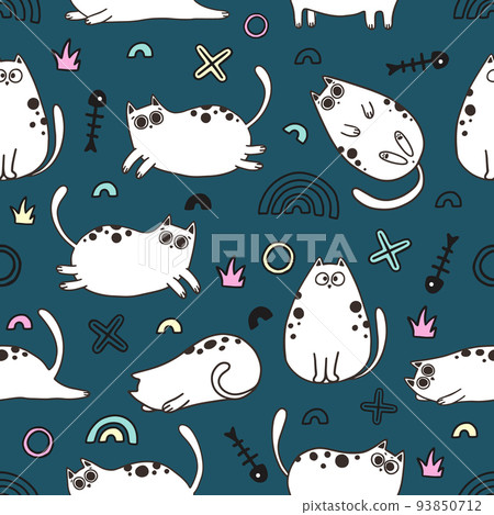 Cute Cartoon Cat Vector Icons, Seamless Pattern and Background 93850712