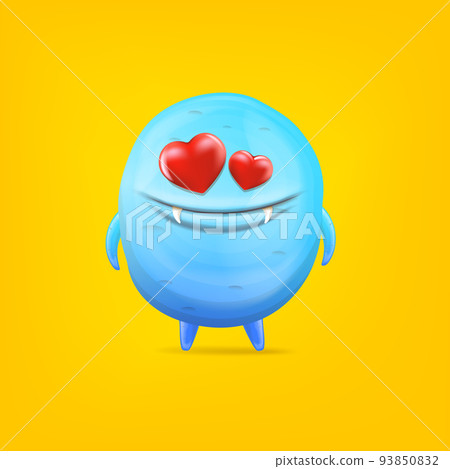 Vector cartoon funny blue alien monster with heart eyes isolated on orange background. Silly monster print sticker design template. Cute Ghost, troll, gremlin, goblin, devil and halloween monster Vector cartoon funny blue alien monster with heart eyes isolated on orange background. Silly monster print sticker design template. Cute Ghost, troll, gremlin, goblin, devil and halloween monster 93850832
