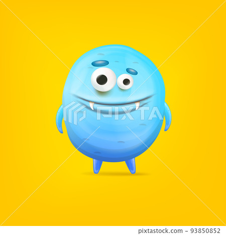 Vector cartoon funny blue alien monster isolated on yellow background. Smiling silly blue monster print sticker design template. Cute Ghost, troll, gremlin, goblin, devil and halloween monster 93850852