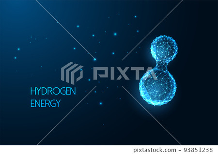 Hydrogen molecule microscopic view on dark blue background. Alternative energy sources concept. Hydrogen molecule microscopic view on dark blue background. Alternative energy sources concept. 93851238