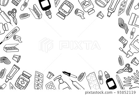 Frame of medical and pharmacy items. Hand drawn illustration of medical doodle objects and symbols card template 93852119
