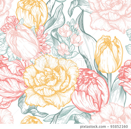 Beautiful hand drawn vector seamless patterns with tulip flowers Beautiful hand drawn vector seamless patterns with tulip flowers 93852160